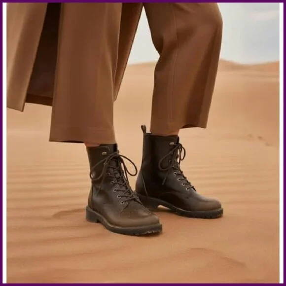 Women's Lace-Up Combat Boots with Side Zipper, Ankle Booties